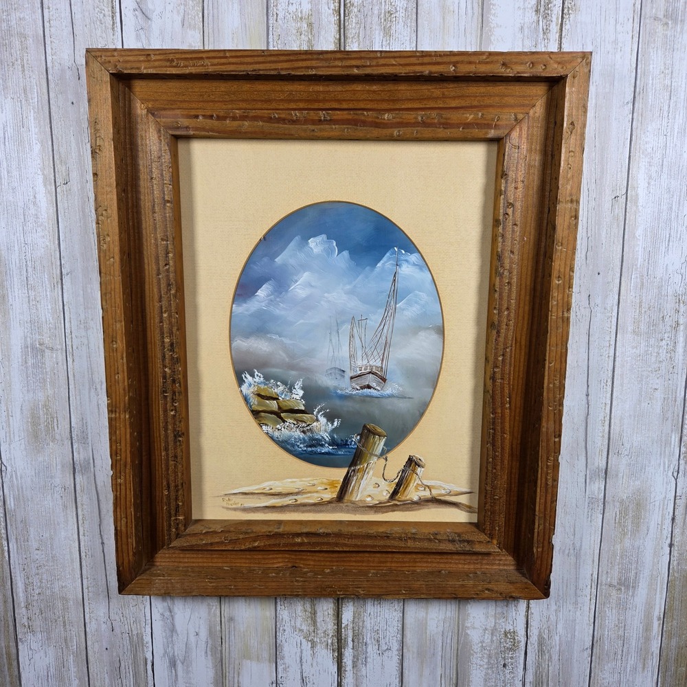 VTG Ruby Peaslee '84 Original Oil Painting Sailboat at Sea Rustic Wood Frame